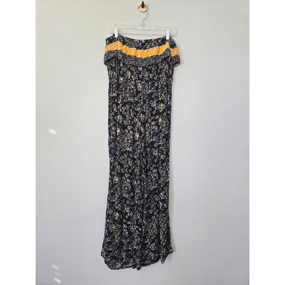 Muad Boho Floral Jumpsuit Black Yellow Patchwork Smocked Waist Size XL Fall - Picture 4 of 8